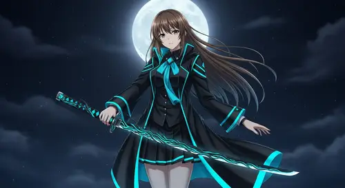 Anime Girl with Bronze Hair in Luminous Cyan Coat & Katana