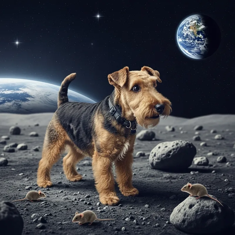 Cheerful Welsh Terrier on Moon: Energetic Space Hunter