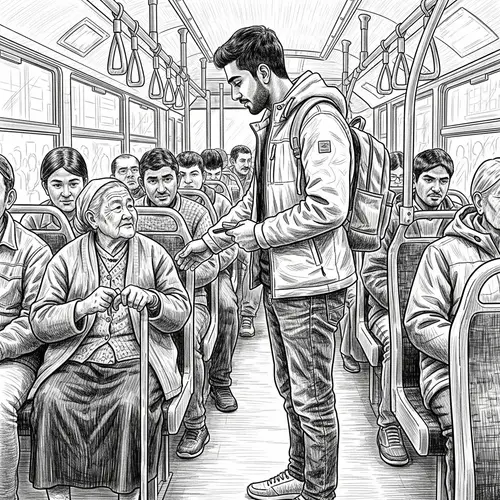 Heartwarming Bus Scene of Kindness: Young Man Offering Seat to Elderly Woman