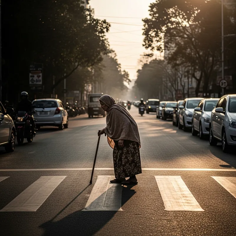 Elderly Woman in Hijab Crossing City Street at Sunset