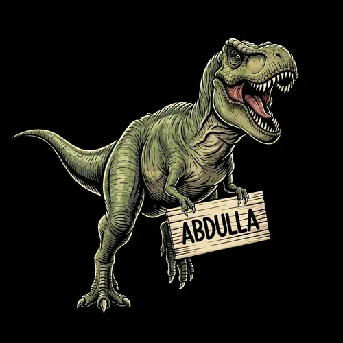 Ferocious Green T-Rex Running with ABDULLA Sign