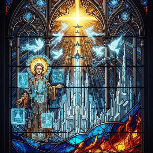 Futuristic Stained Glass Window | Religious Iconography Fusion