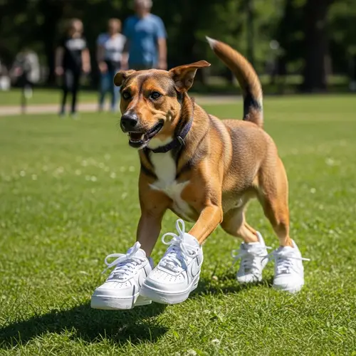 Energetic Mixed Breed Dog Sporting White Nike Airforce 1 Sneakers Outdoors