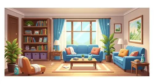 Eco-Friendly Family Home Cleaning in Cartoon Style