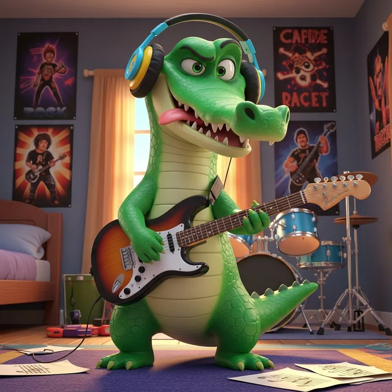 Funny Green Teenage Crocodile Cartoon Scene