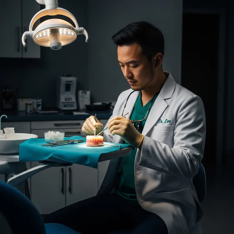 Intense Asian Dentist Dr. Lee Performing Challenging Procedure