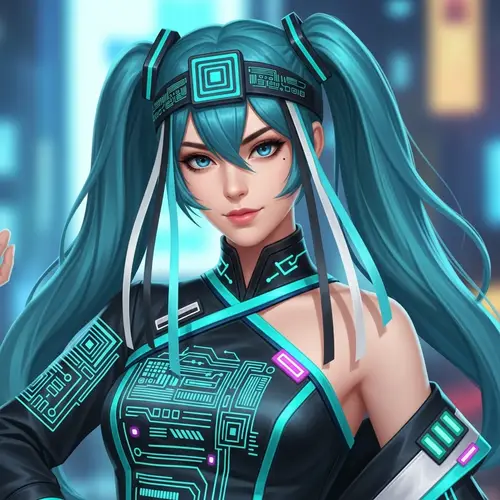 Futuristic Teal Blue Hair Woman in Electronic-themed Dress