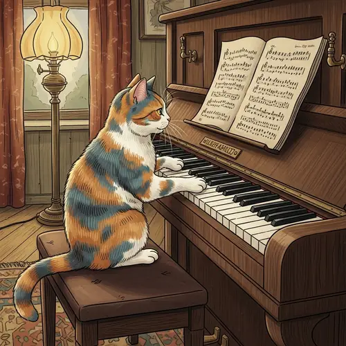 Multicolored Domestic Cat Playing Piano Illustration