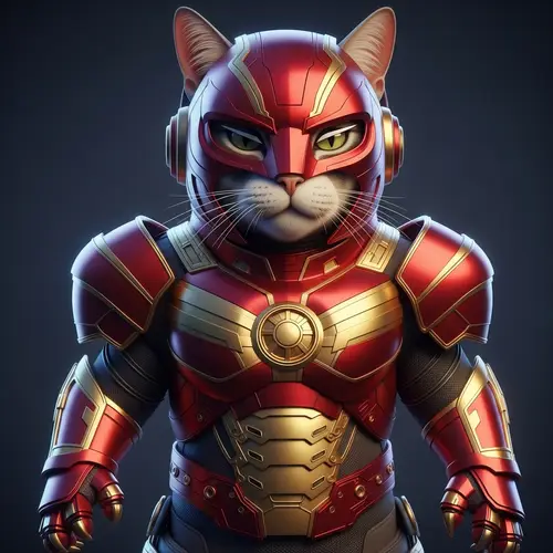 Detailed 3D Cat Image in Red and Gold Armor Costume