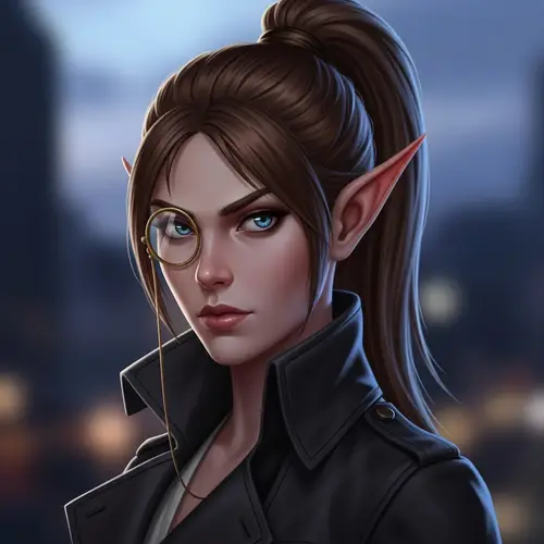 Female Elf Detective with Chestnut Brown Hair and Monocle