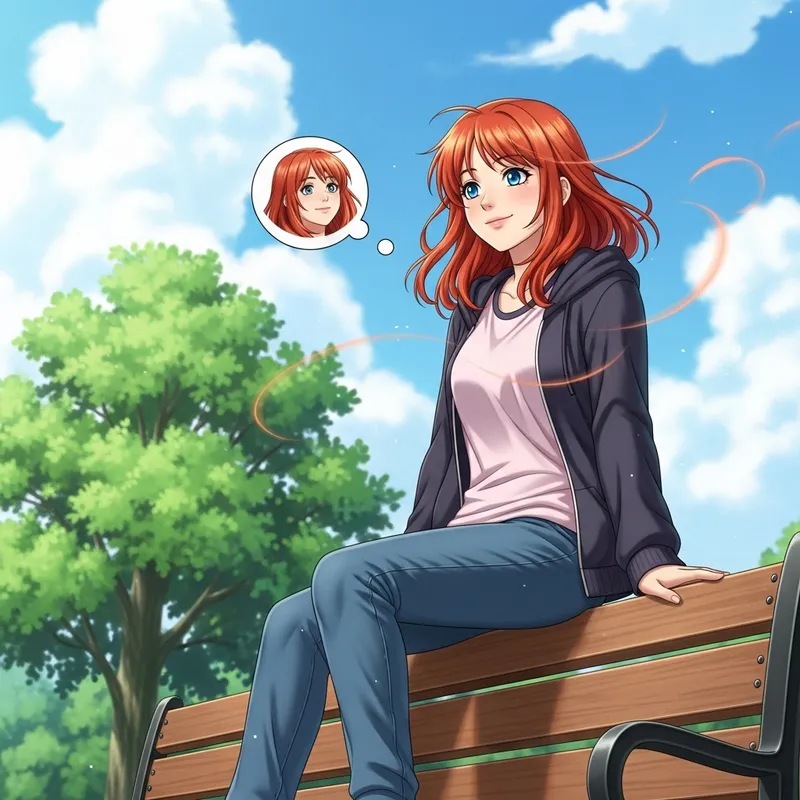 Red-Haired Teen Girl Lost in Daydreams | Park Scene