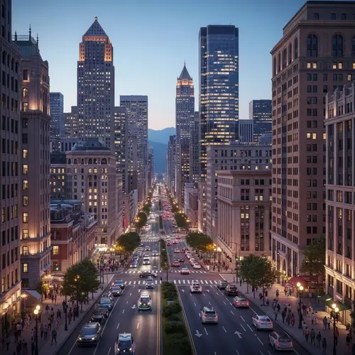 Twilight Cityscape with Diverse Architecture and Lively Streets