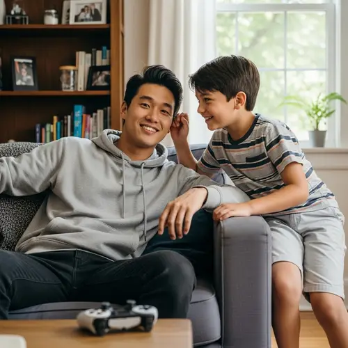 Asian Male Relaxing in Casual Clothing with Playful 12-Year-old Brother Nearby
