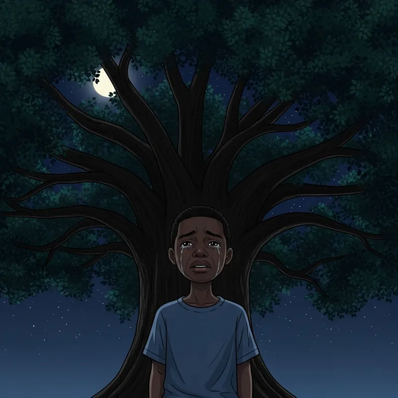 Emotional Black Boy Standing Under Grand Night Tree Emotional Black Boy Standing Under Grand Night Tree
