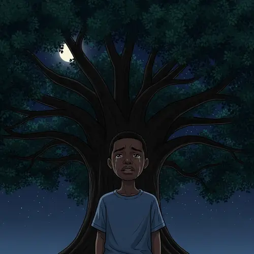 Emotional Black Boy Crying Under Night Tree