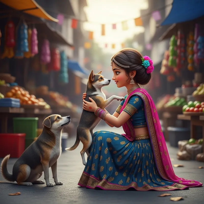 Heartwarming 3D Image: Indian Girl Embracing Street Dog on Market Road