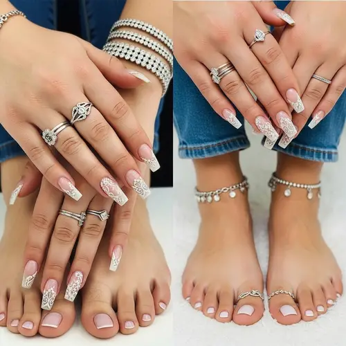 Elegant Manicured Hands and Feet with Intricate Nail Art