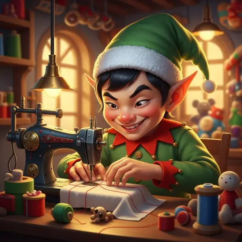Asian Christmas Elf Sewing in Toy Factory - Festive Holiday Scene
