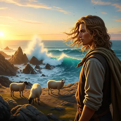 Golden-Haired Shepherd Herding Three Sheep by Turquoise Waves