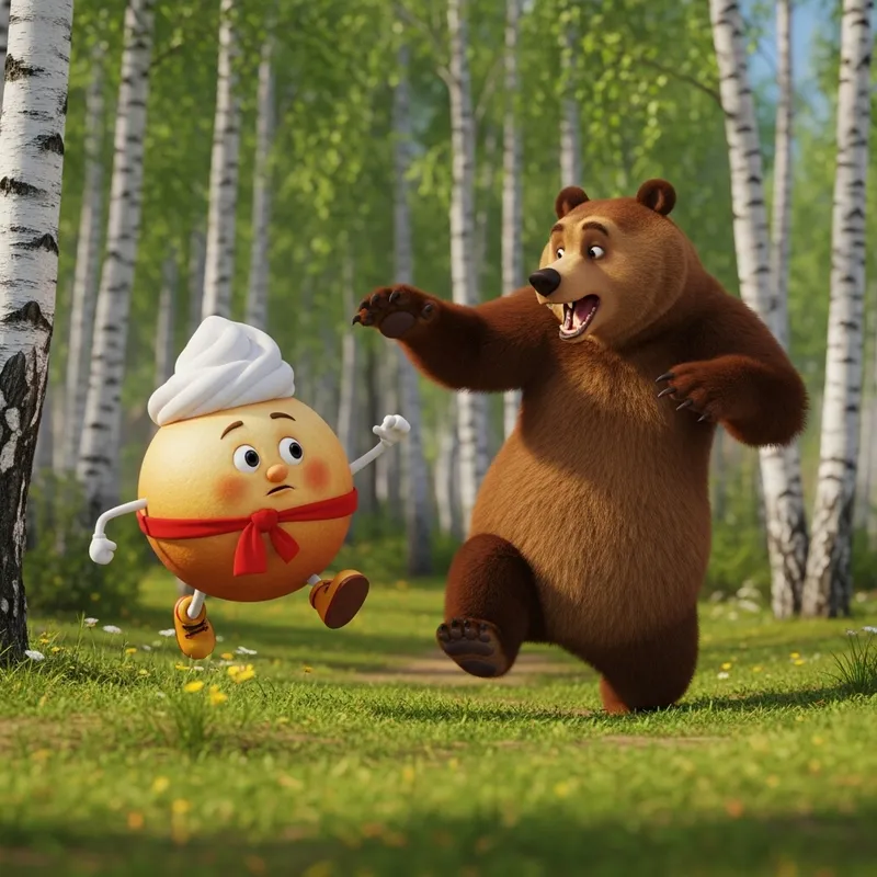 Action Scene: Fun Bear and Witty Kolobok Chase
