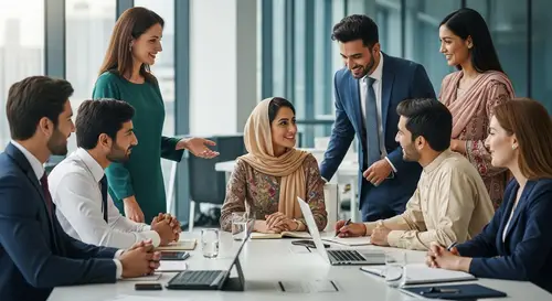 Diverse Group Negotiating in Modern Office | Unity & Respect