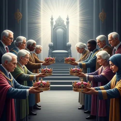 Elderly Individuals Laying Down Golden Crowns Before Divine Throne