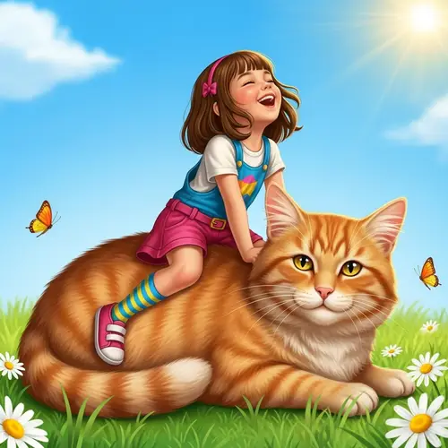 Young Caucasian Girl Playfully Riding Large Fluffy Orange Tabby Cat