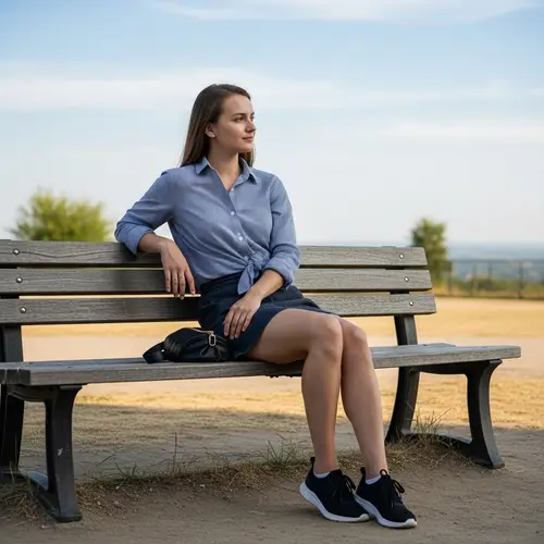 Serene Casual Style: Young Female Relaxing on Park Bench