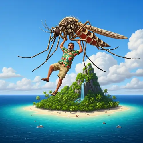Gigantic Mosquito Lifting Frightened Man | Tropical Island Scene