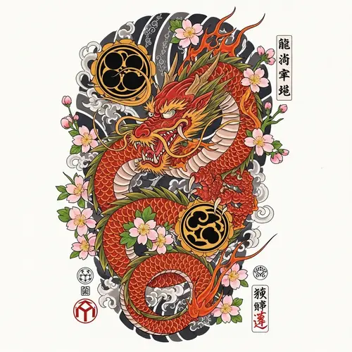 Intricate Japanese Dragon Tattoo Design - Cherry Blossom Motif