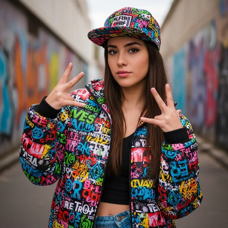 Hispanic Woman in Urban Streetwear: Graffiti Art Vibes