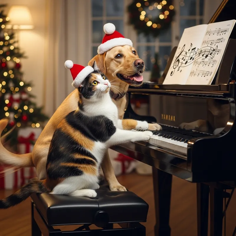 Happy Cat, Dog, and Labrador in Christmas Hats Playing Piano