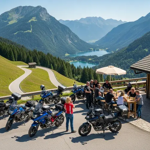 Picturesque European Landscape: Motorcycle Enthusiasts Relaxing Outdoors