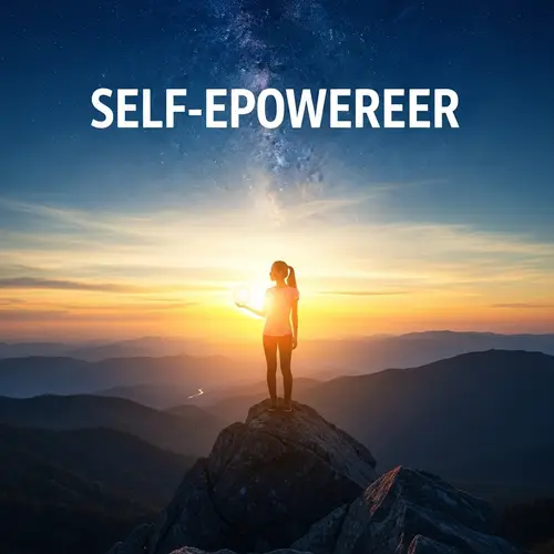 Empowerment at Sunset: Asian Woman with Inner Power Orb on Mountain Peak