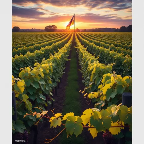 Tranquil Vineyard Sunset Art - Lush Greenery & Sunset Flag