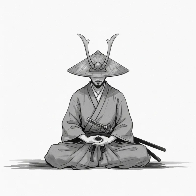 Tranquil Samurai: Zen-Inspired Ink Wash Art with Minimalistic Flair