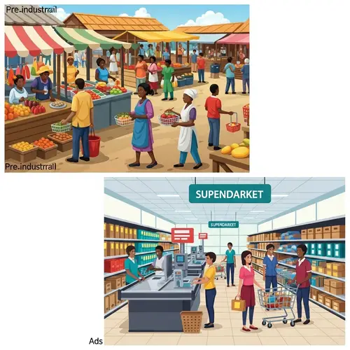 Contrasting Societal Settings: Pre-Industrial Market vs. Post-Industrial Supermarket