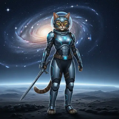 Feline Space Warrior: Stellar Heroine in Futuristic Armor
