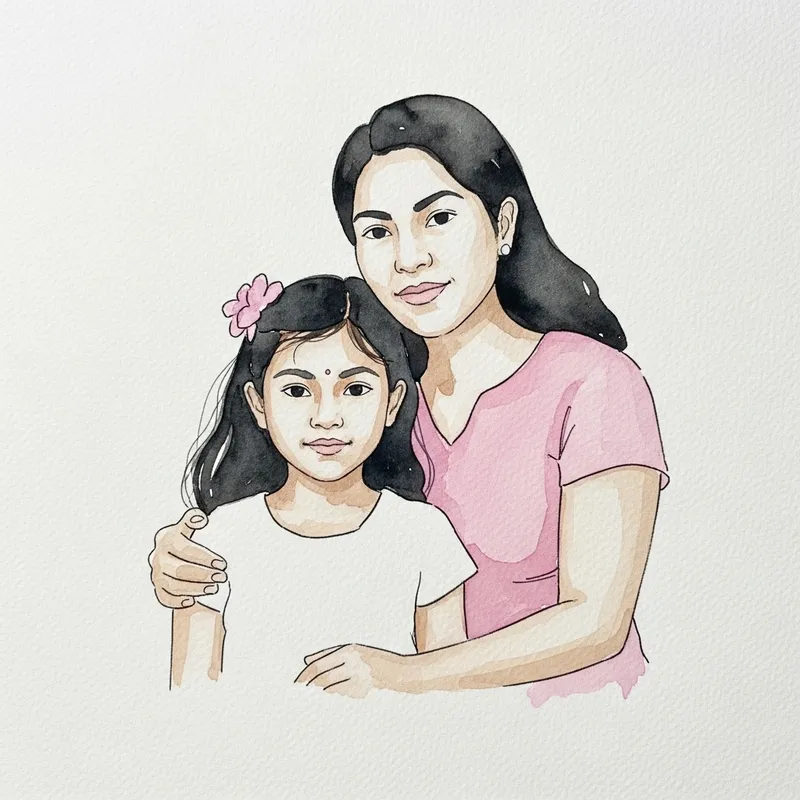 Beautiful Watercolor Painting of Mother and Daughter