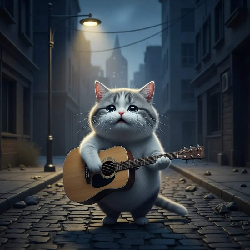 Crying Cat Playing Guitar in Urban Landscape