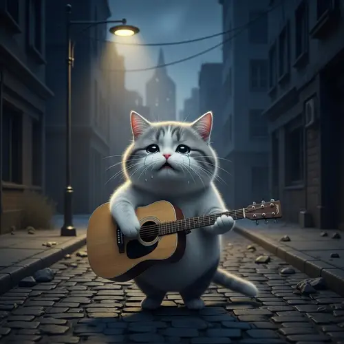 Melancholic Cat Playing Guitar in Urban Landscape