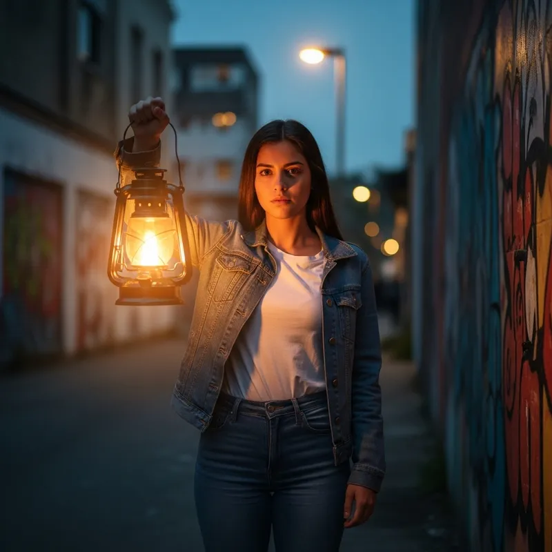 Resilient Hispanic Woman Illuminating Urban Darkness