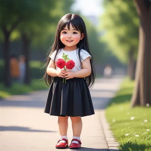 Realistic 8-Year-Old Asian Girl in White and Black Outfit Smiling Outdoors