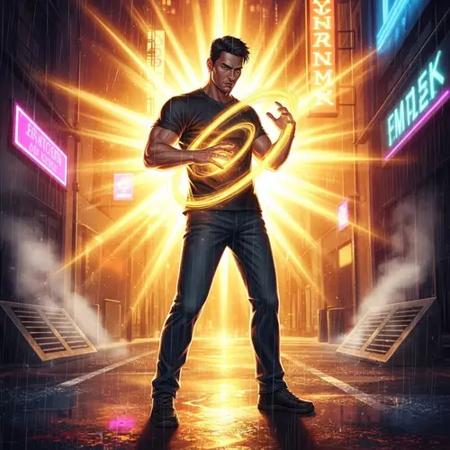 Powerful Filipino Man with Glowing Aura in Urban Street