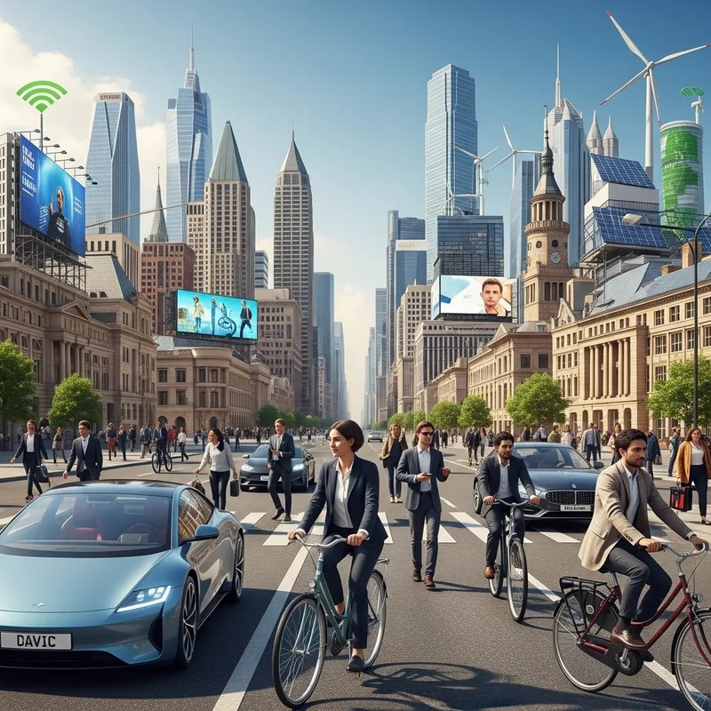 Modern Cityscape: Diverse Urban Life and Technology