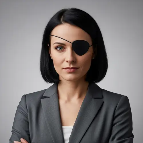 Professional Portrait of Female School Teacher in Gray Suit with Eyepatch