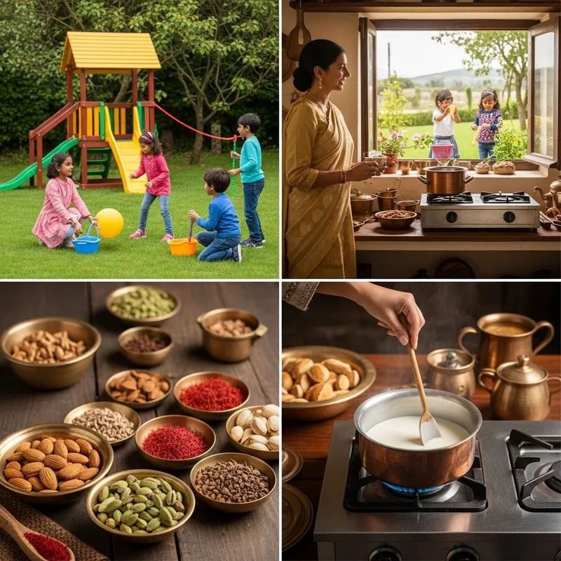 Traditional Indian Kitchen: Kids Playing in Vibrant Garden