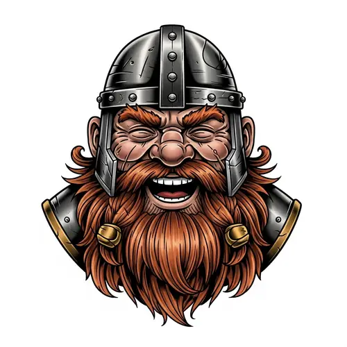 Gimli from Lord of the Rings. Just the head, laughing. Traditional tattoo style. Comic-like. 