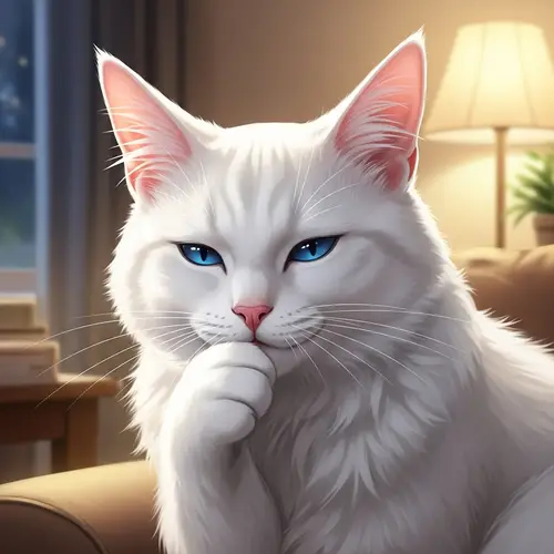 Fluffy White Cat with Bright Blue Eyes in Serene Setting
