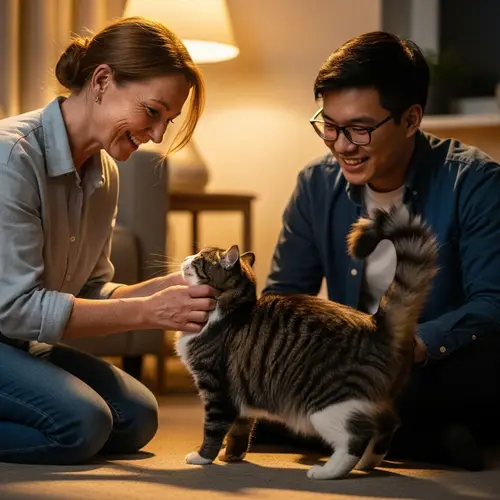 Heartwarming Interaction with Tabby Cat in Cozy Living Room
